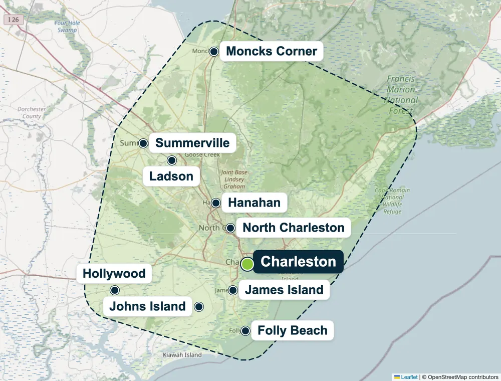Charleston & the Lowcountry service area map showing Isle of Palms