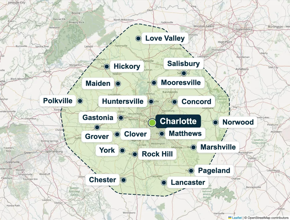 Charlotte metro service area map showing McAdenville