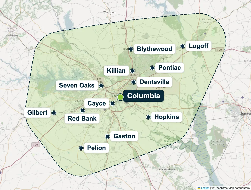 Columbia metro service area map showing Gaston