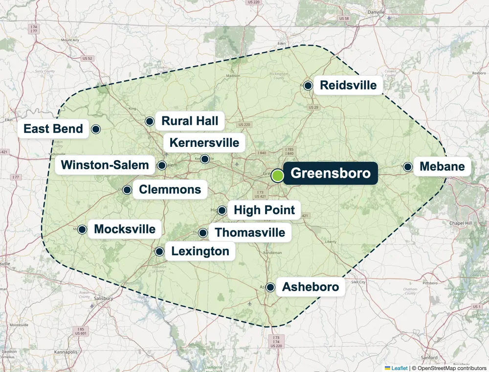 Piedmont Triad service area map showing Thomasville