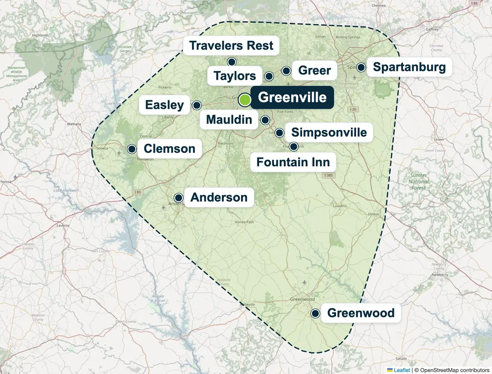 Upstate South Carolina service area map showing Simpsonville